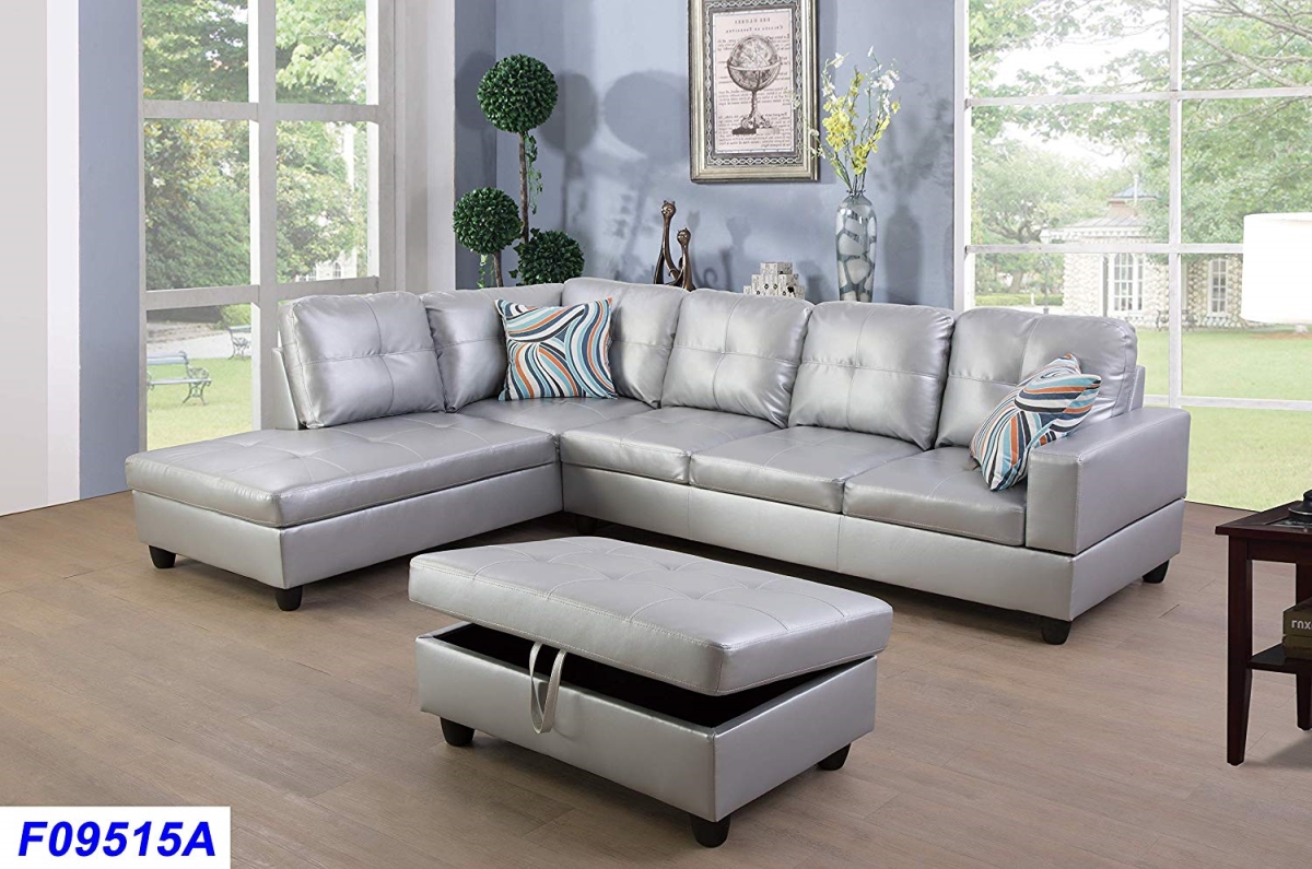LSF09515A 3 Piece Left Facing Sectional Sofa Set with Ottoman, Faux Leather - Silver & White