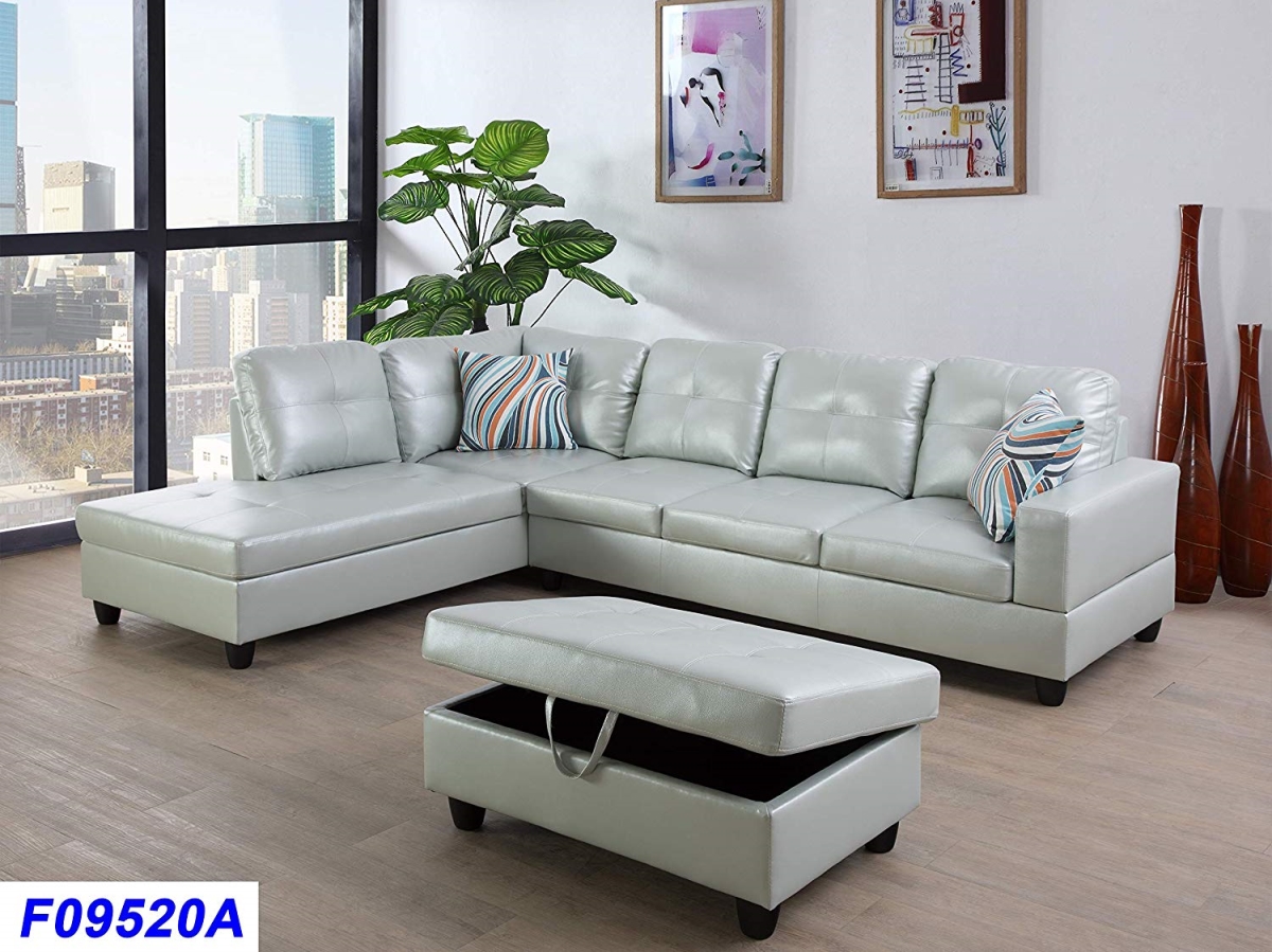 3 Piece Left Facing Sectional Sofa Set with Ottoman - Silver & Green