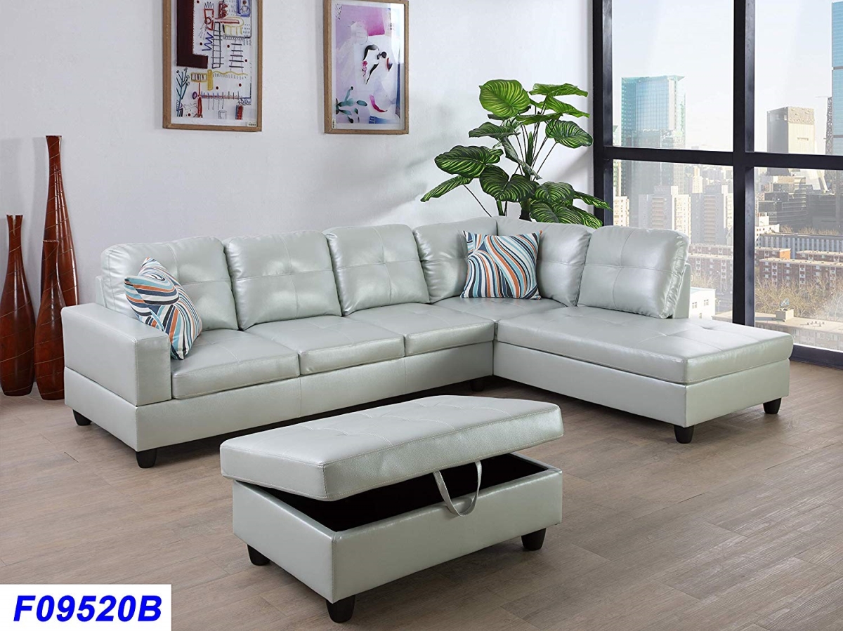 LSF09520B 3 Piece Right Facing Sectional Sofa Set with Ottoman, Faux Leather - Silver & Green