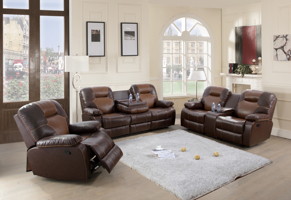 LSFGS3901 3 Piece Luxurious Reclining Living Room Sofa Set With Build-in Drop Down Table, Bonded Leather - Brown -  LifeStyle Furniture