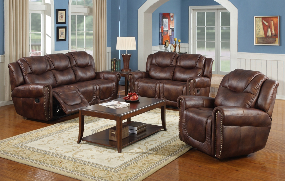 LSFGS3700 3 Piece Luxurious Reclining Living Room Sofa Set, Bonded Leather - Brown -  LifeStyle Furniture