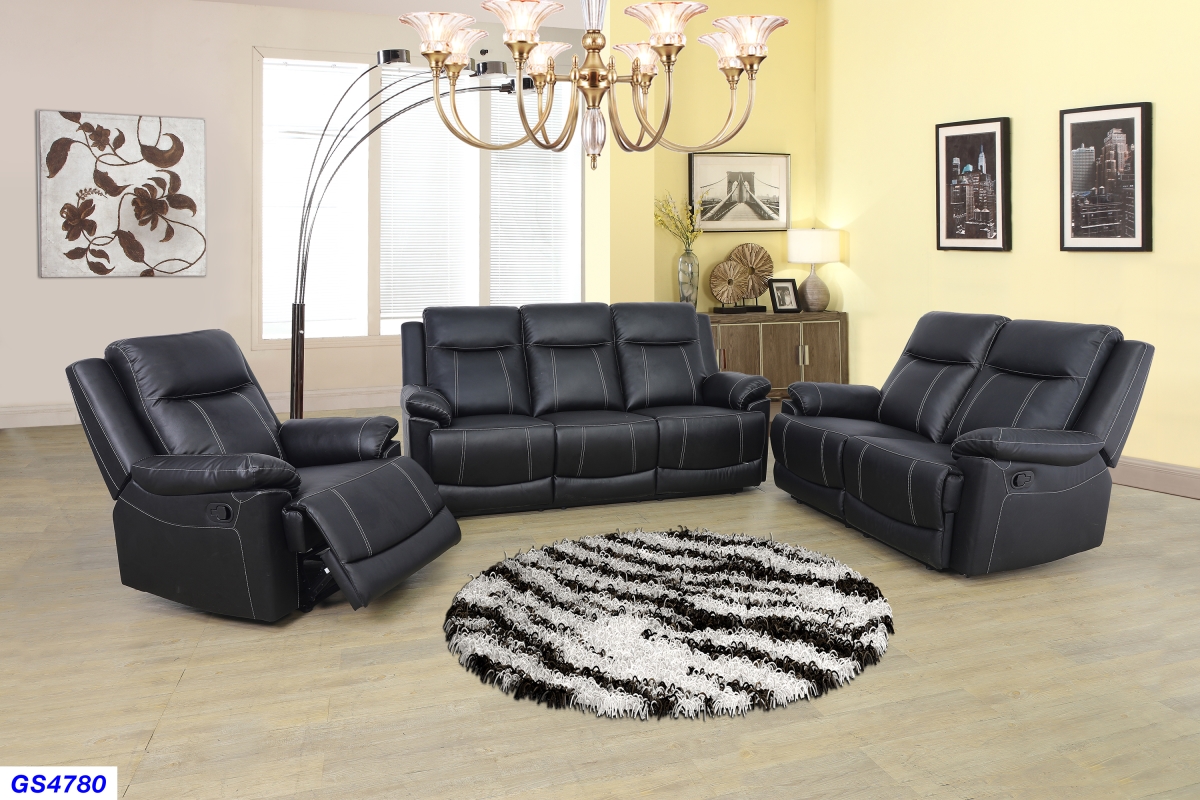 LSFGS4780 3 Piece Reclining Living Room or Office Sofa Set, Bonded Leather - Black