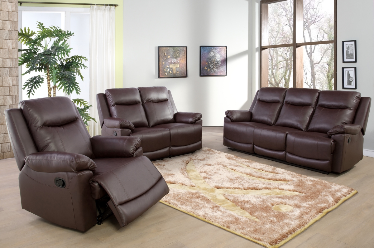 3 Piece Reclining Living Room or Office Sofa Set, Bonded Leather - Brown -  KD Pecho, KD2607933