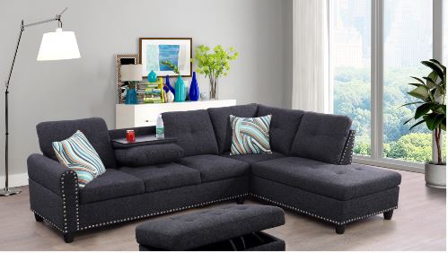 F09911B Sectional Couch Sofa Set with Ottoman Right Facing Build-in Coffee Table Dark Grey Line - 3 Piece