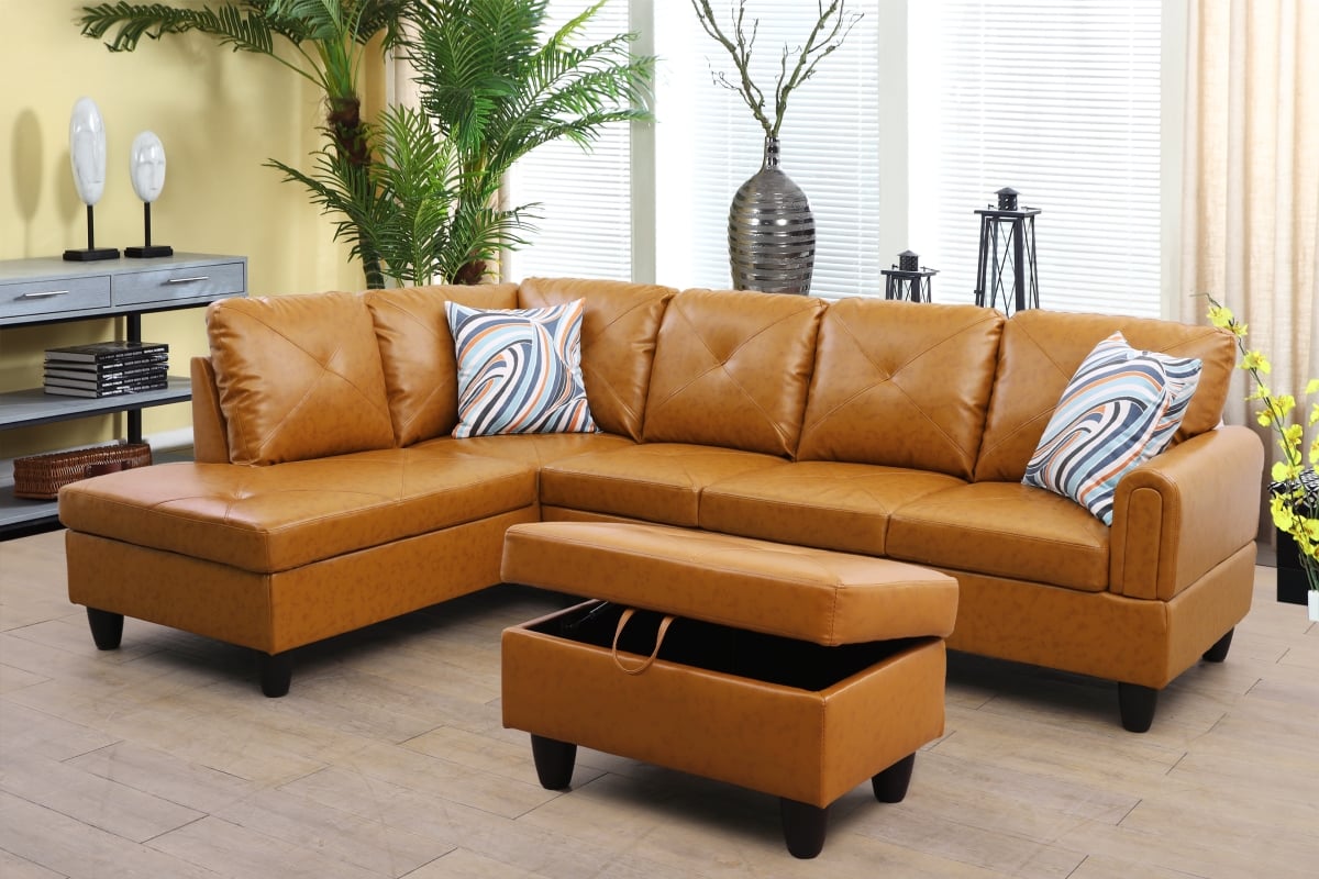 LFF09001A 97 in. Wide Left Facing L-Shaped Sectional Sofa, Chaise & Ottoman Set - Amber - 3 Piece