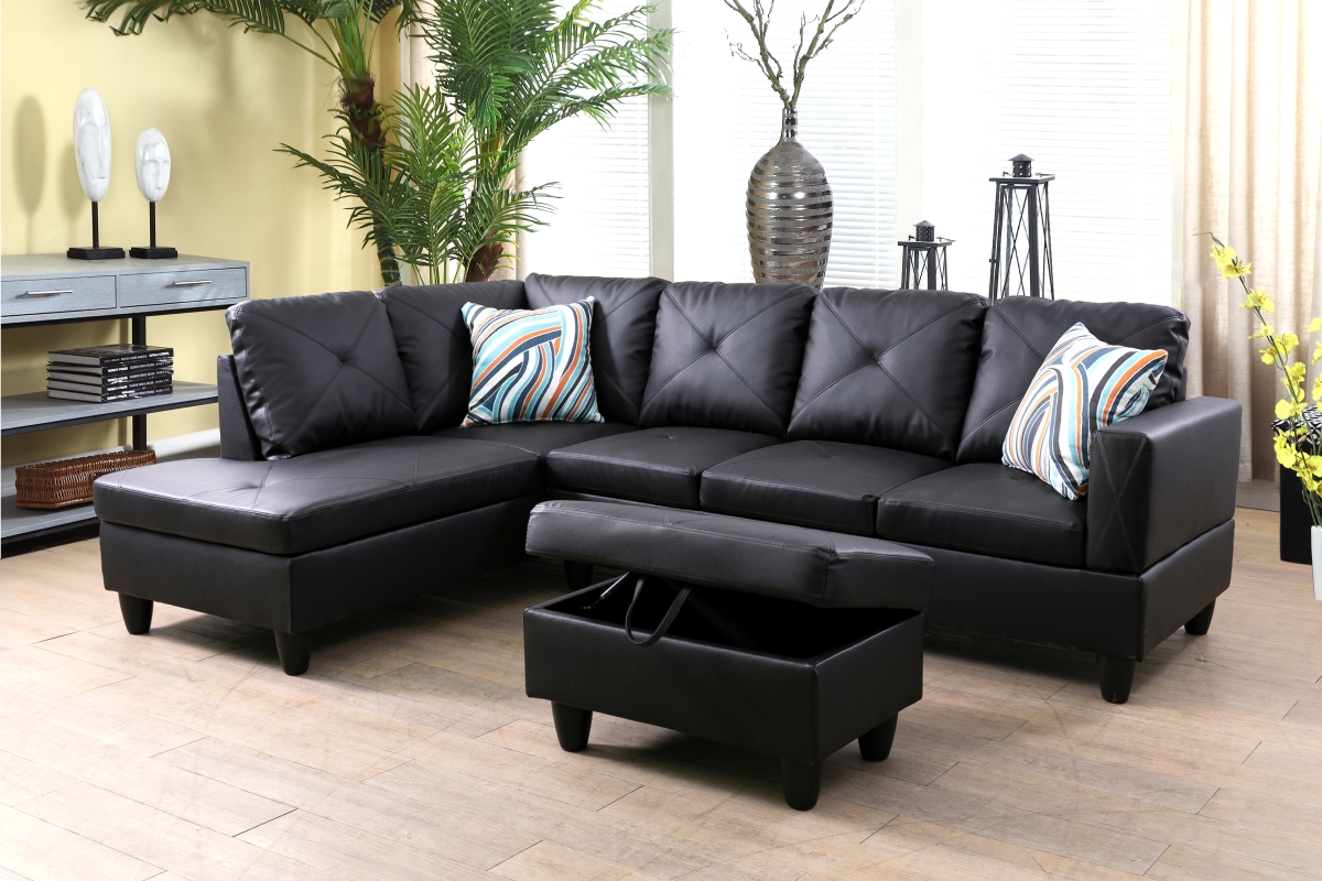LFF09004A 97 in. Wide Left Facing L-Shaped Sectional Sofa, Chaise & Ottoman Set - Black - 3 Piece