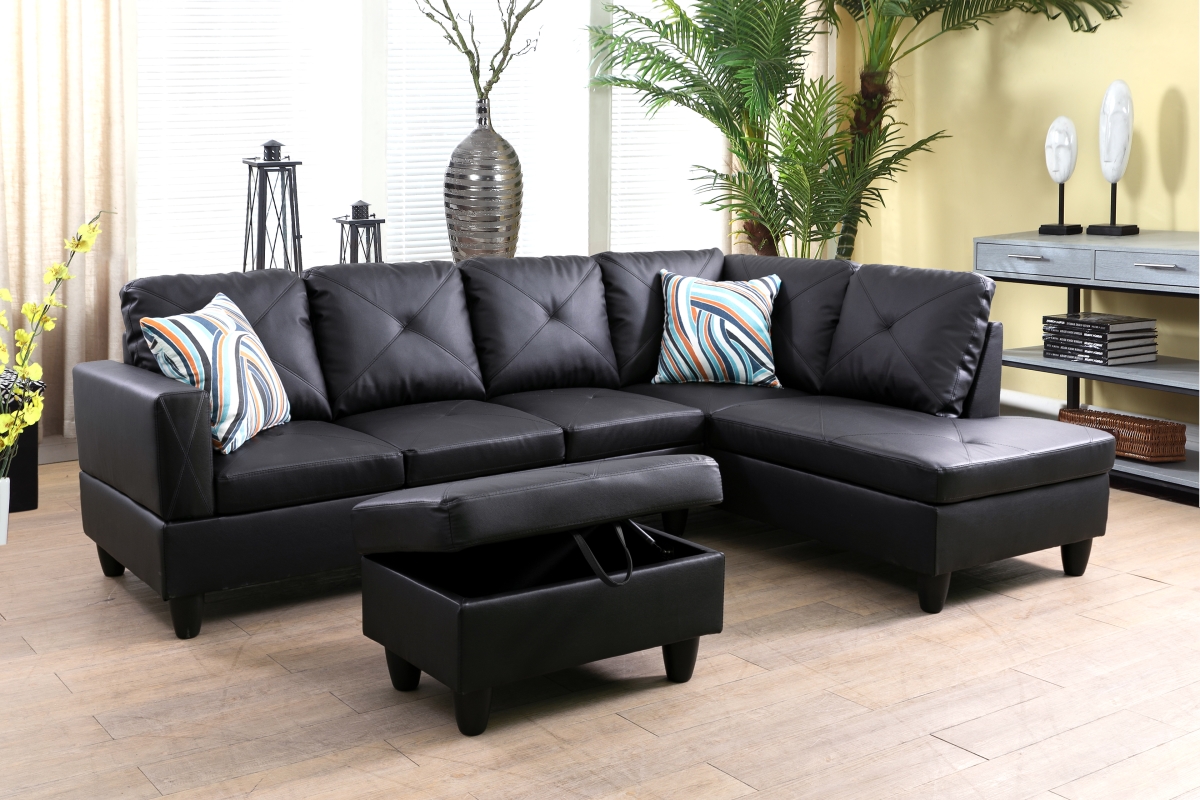 LFF09004B 97 in. Wide Right Facing L-Shaped Sectional Sofa, Chaise & Ottoman Set - Black - 3 Piece