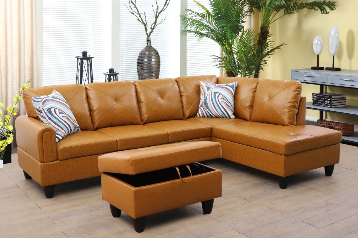 LFF09001B 97 in. Wide Right Facing L-Shaped Sectional Sofa, Chaise & Ottoman Set - Amber - 3 Piece