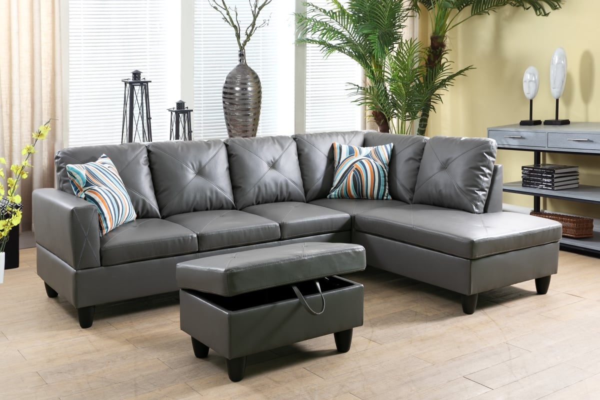 LFF09005B 97 in. Wide Right Facing L-Shaped Sectional Sofa, Chaise & Ottoman Set - Dark Grey - 3 Piece