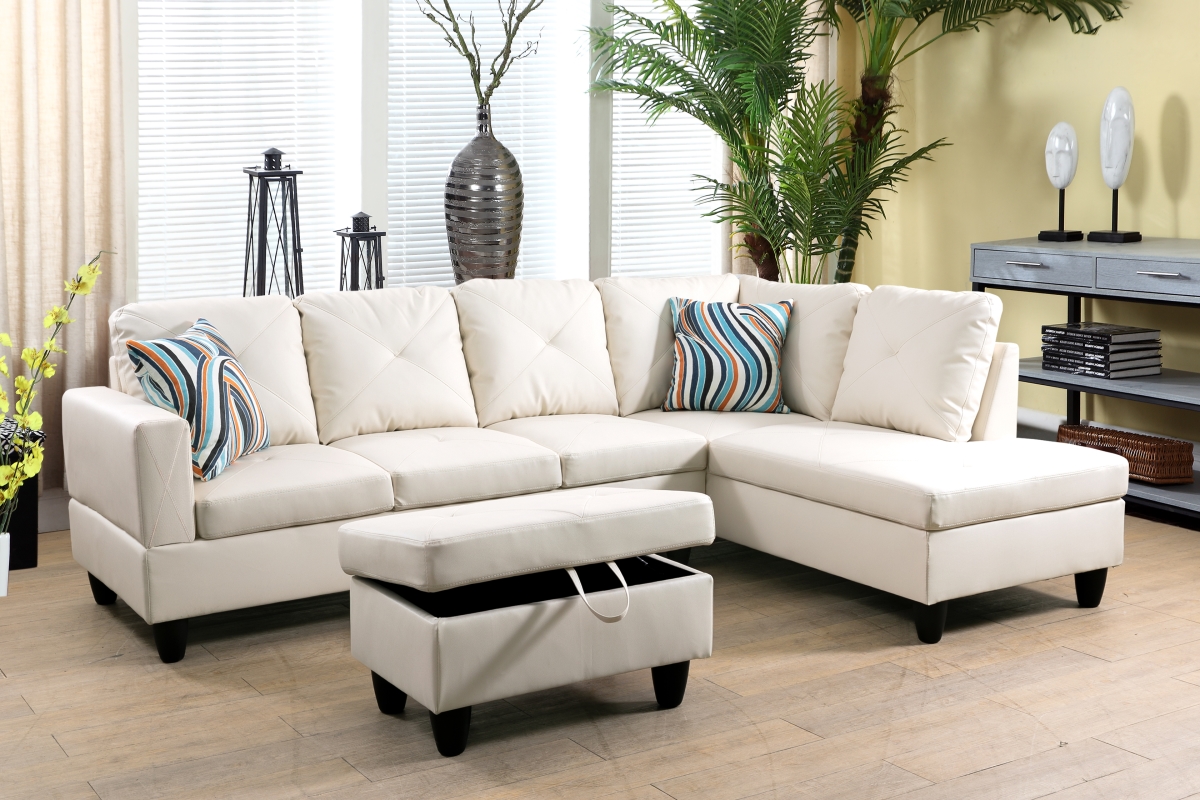 LFF09002B 97 in. Wide Right Facing L-Shaped Sectional Sofa, Chaise & Ottoman Set - Ivory - 3 Piece
