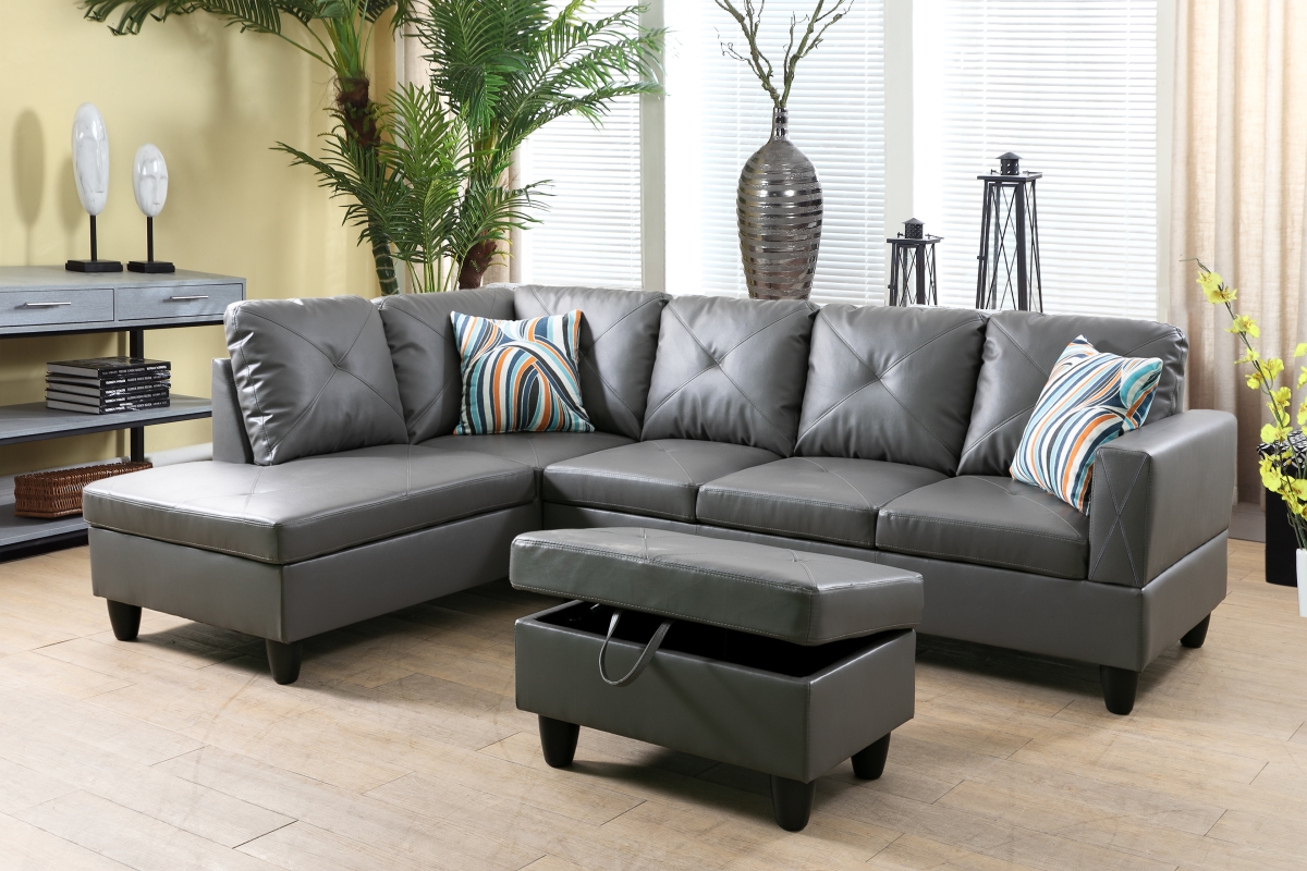 LFF09005A 97 in. Wide Left Facing L-Shaped Sectional Sofa, Chaise & Ottoman Set - Dark Grey - 3 Piece