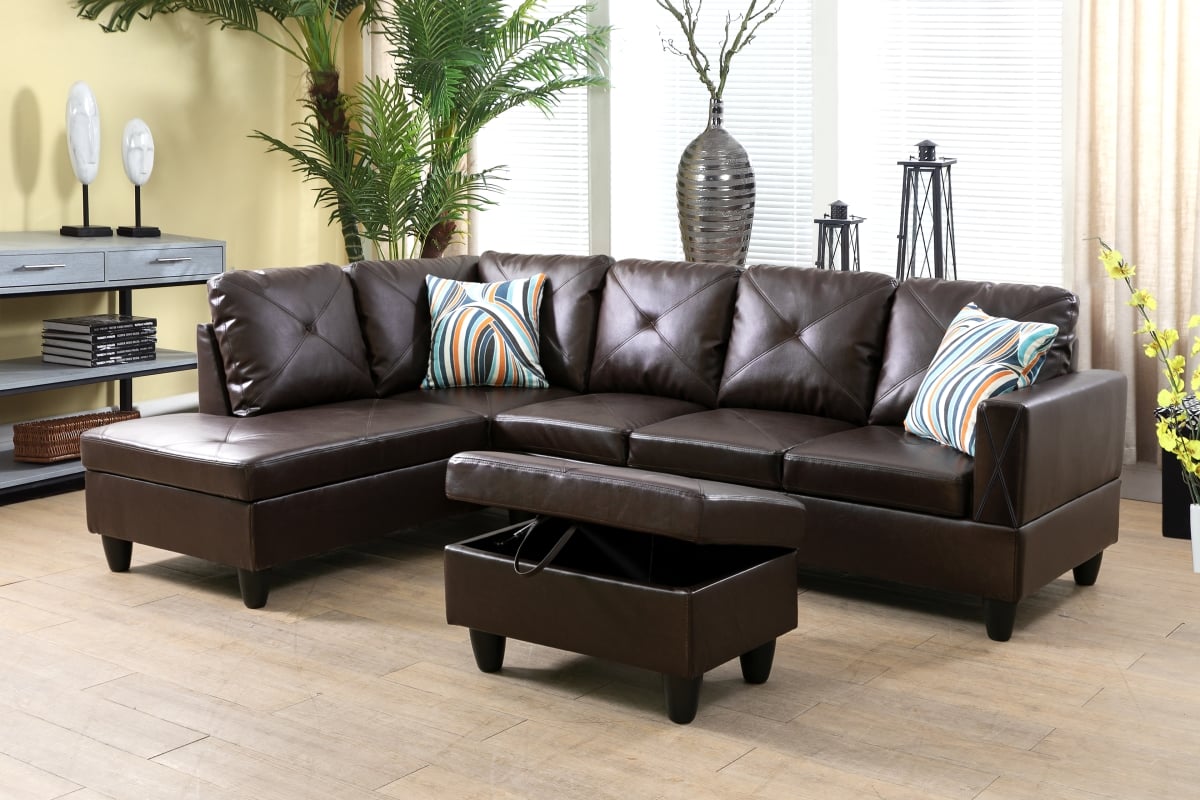 LFF09003A 97 in. Wide Left Facing L-Shaped Sectional Sofa, Chaise & Ottoman Set - Espresso - 3 Piece