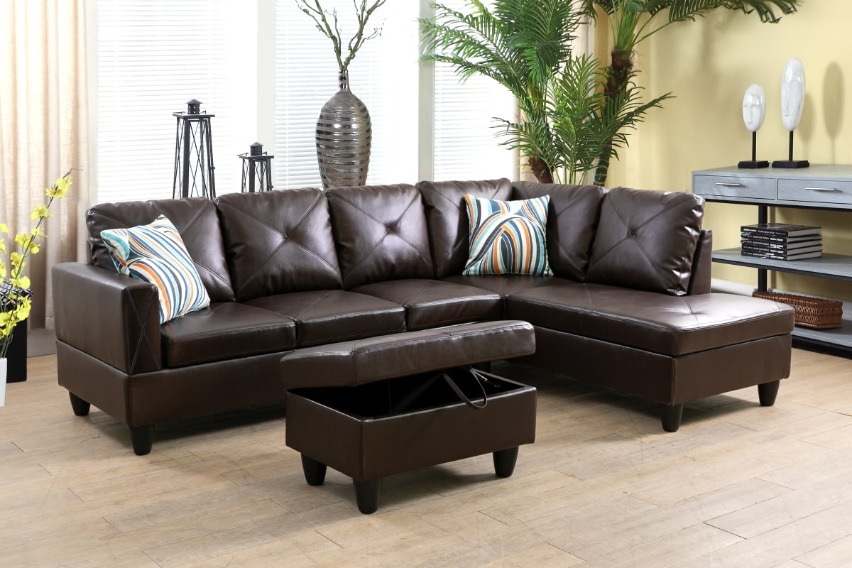 LFF09003B 97 in. Wide Right Facing L-Shaped Sectional Sofa, Chaise & Ottoman Set - Espresso - 3 Piece