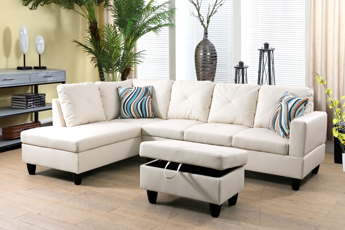 97in. Wide Left Facing L-Shaped Sectional Sofa - Ivory - 3 Piece Set