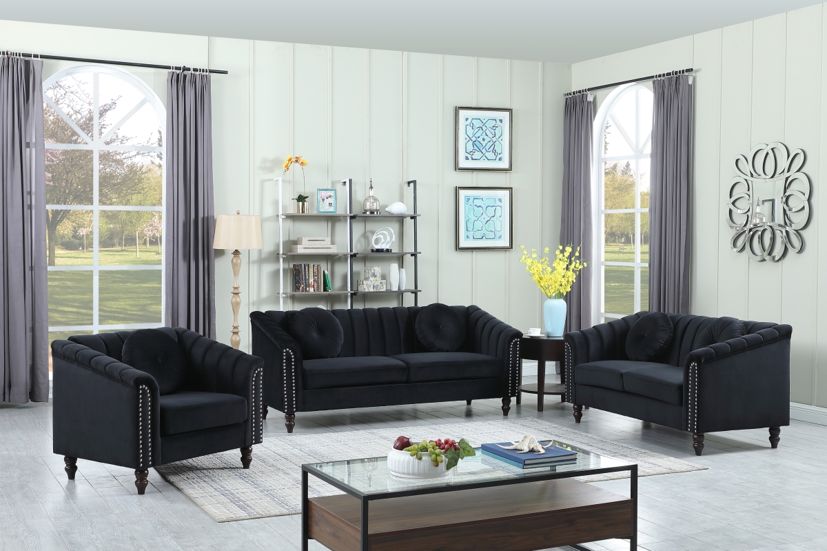 LFF4902-3pcs Girling Flannelette Sofa Set, Black - 3 Piece