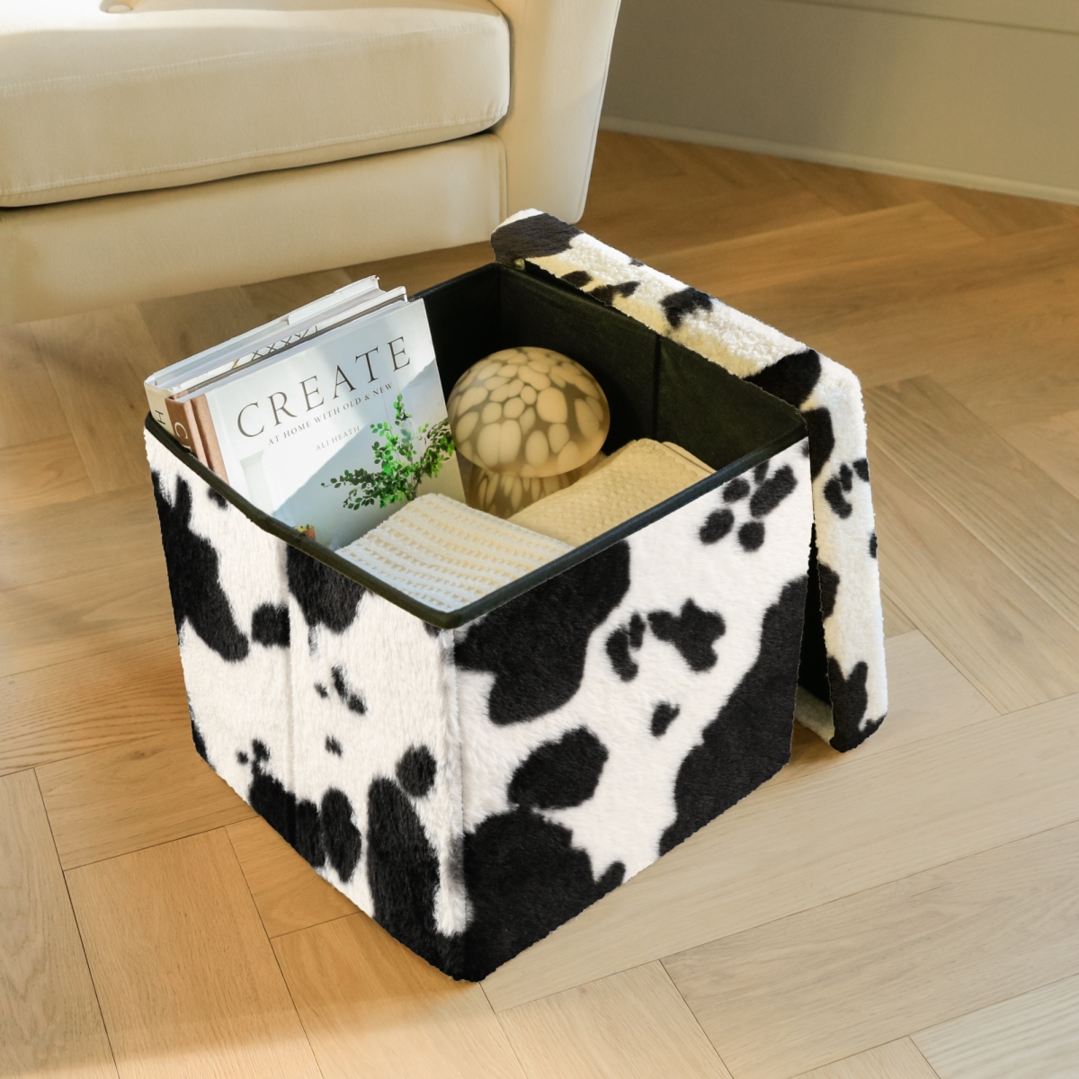 676685057327 Go-Poufs Knock-Down Medium Cube Faux Fur Storage Ottoman |  Cowhide Black/White | 15'x15'x15'