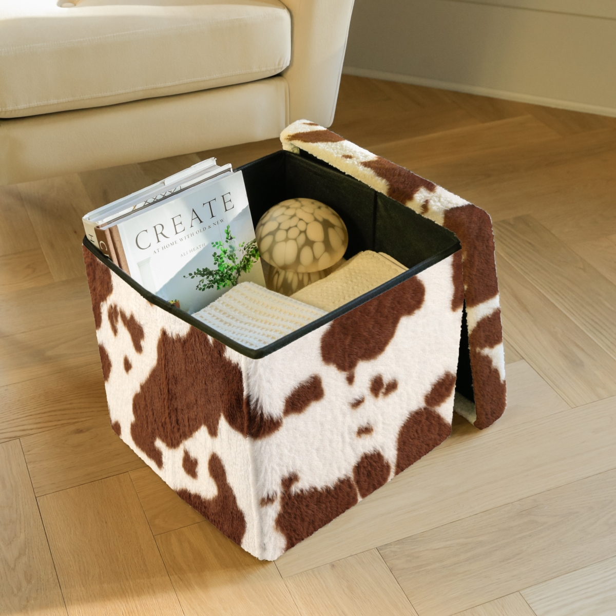 676685057334 Go-Poufs Knock-Down Medium Cube Faux Fur Storage Ottoman |  Cowhide Brown/White | 15'x15'x15'