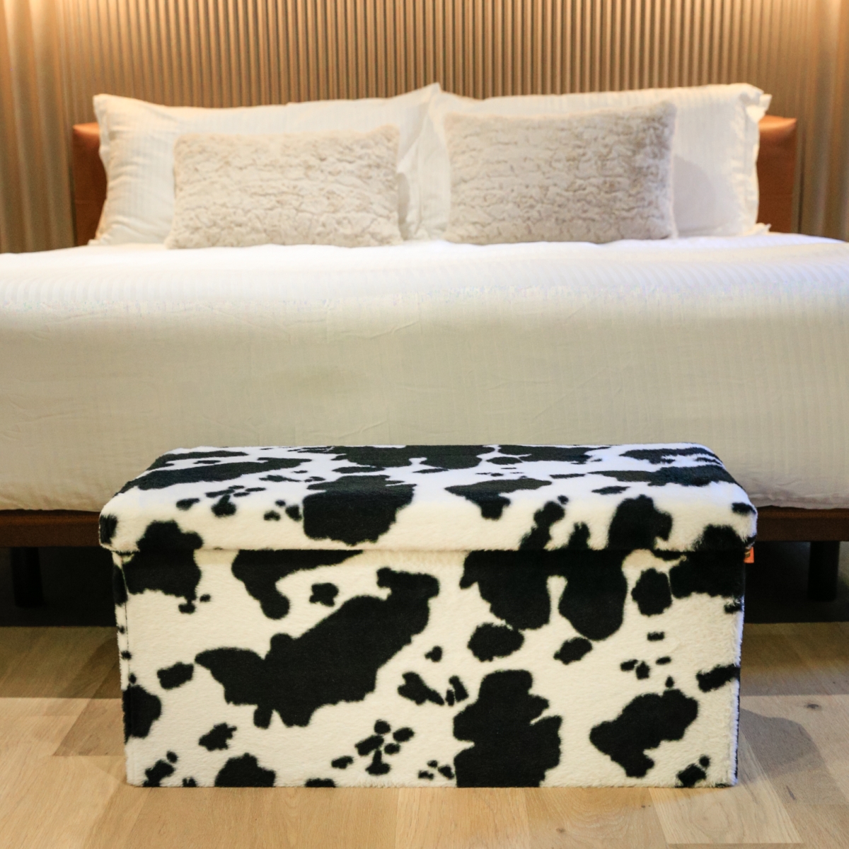 676685057341 Go-Poufs Knock-Down Rectangular Faux Fur Storage Ottoman |  Cowhide Black/White | 30'x15'x15'
