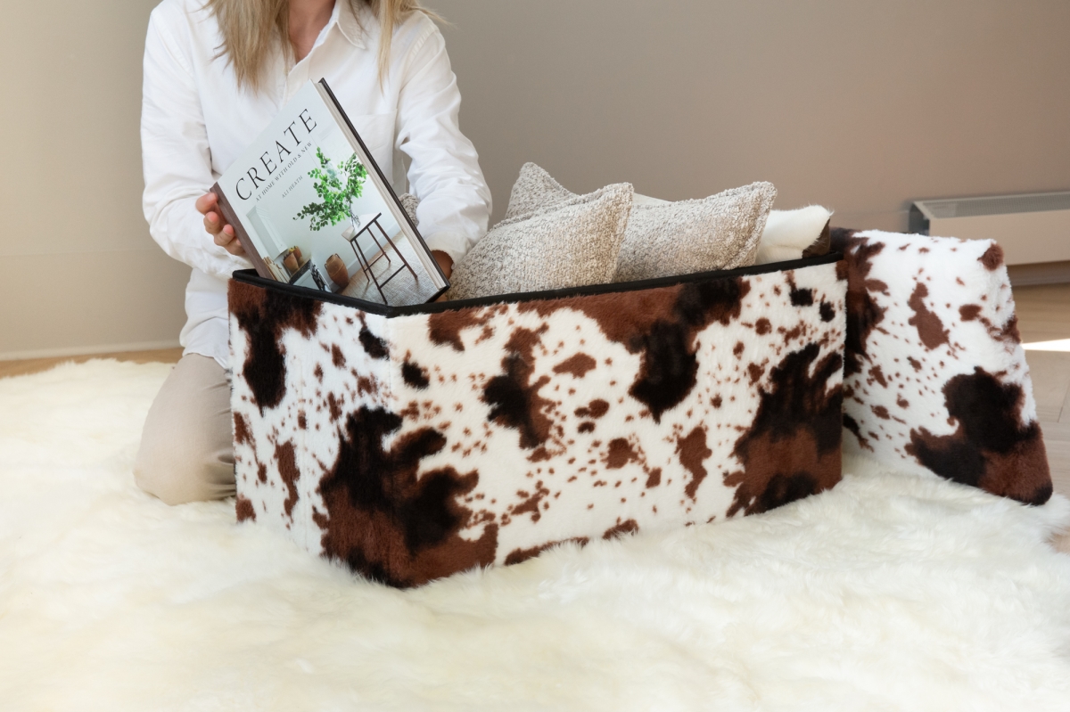 676685057358 Go-Poufs Knock-Down Rectangular Faux Fur Storage Ottoman |  Cowhide Brown/White | 30'x15'x15'