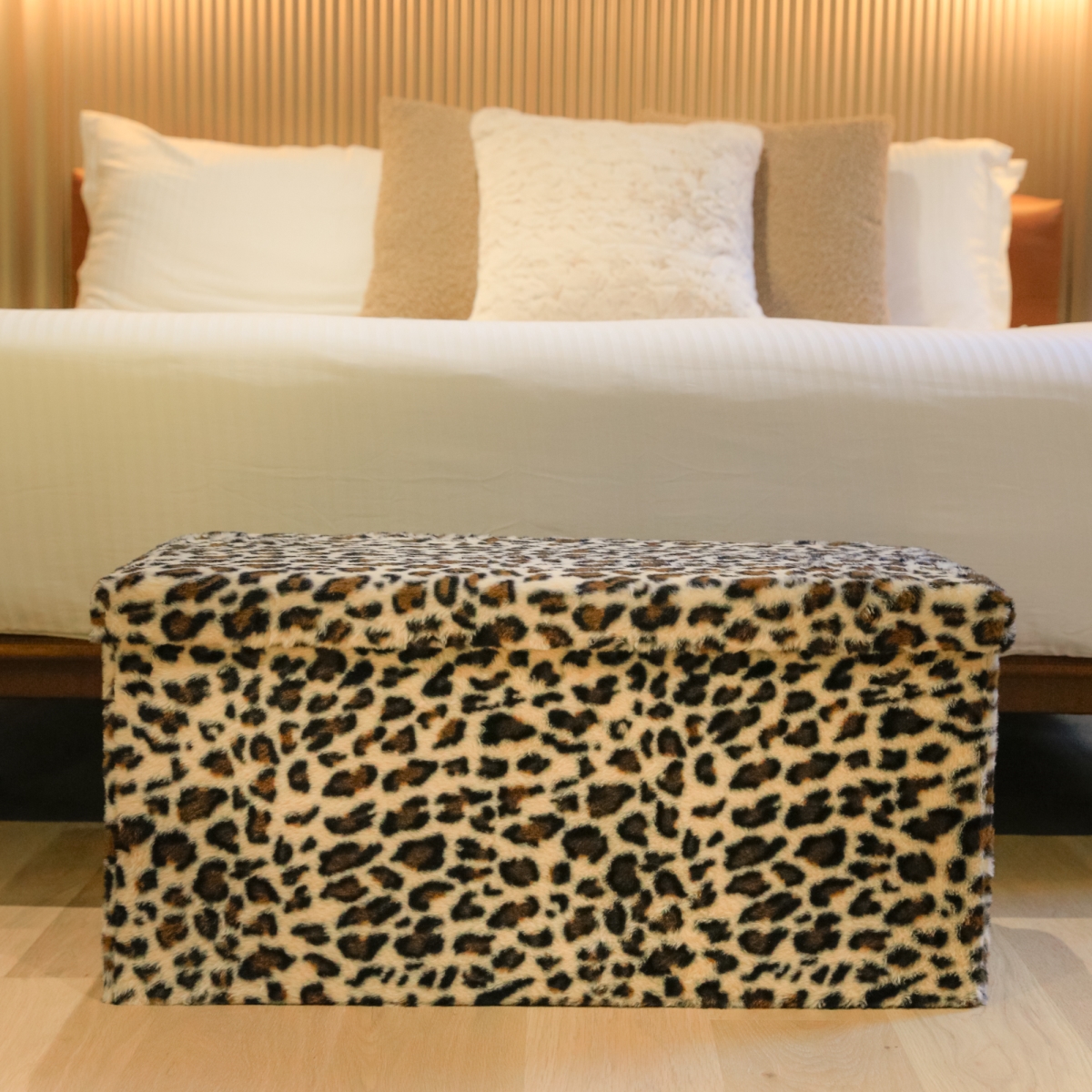 676685059437 Go-Poufs Knock-Down Rectangular Faux Fur Storage Ottoman |  Leopard | 30'x15'x15'