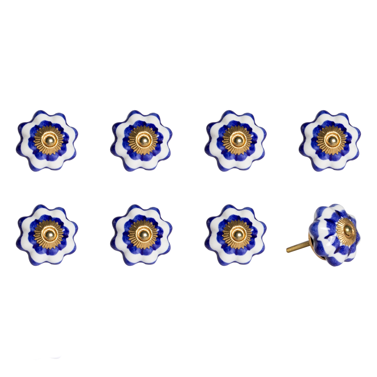 Vintage Hand Painted Ceramic Knob Set - Blue & Gold Flower - Pack of 8