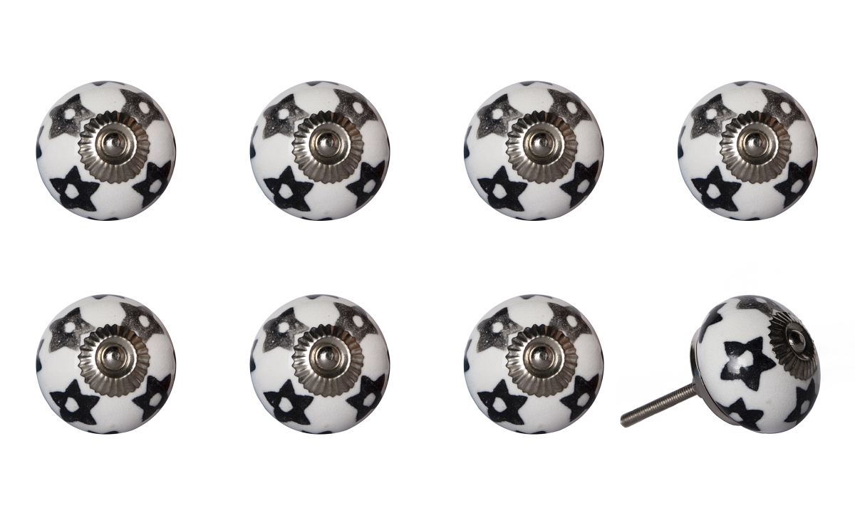 Vintage Hand Painted Ceramic Mushroom Knob Set - Black & Silver - Pack of 8