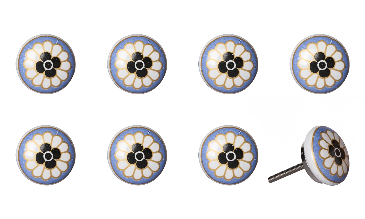 Vintage Hand Painted Ceramic Knob Set - Black & Blue Daisy - Pack of 8