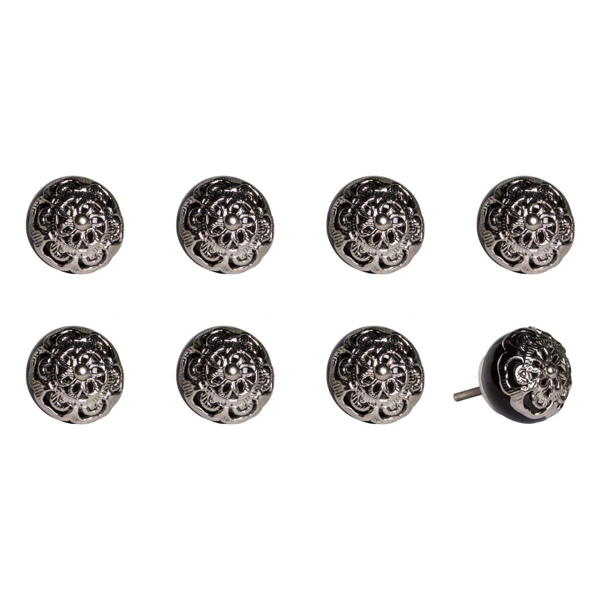 Vintage Hand Painted Ceramic Knob Set - Black & Chrome - Pack of 8