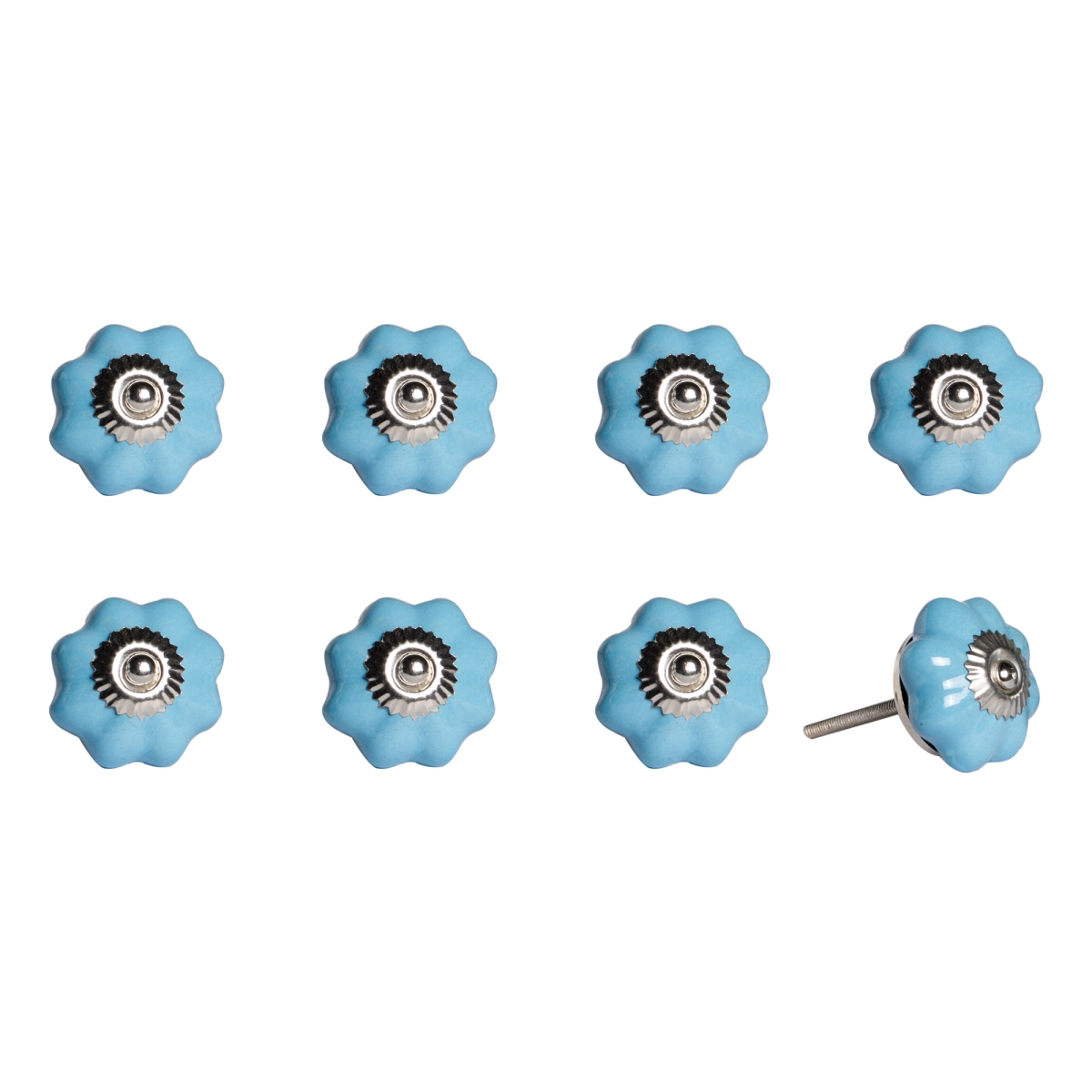Vintage Hand Painted Ceramic Knob Set - Light Blue & Silver - Pack of 8
