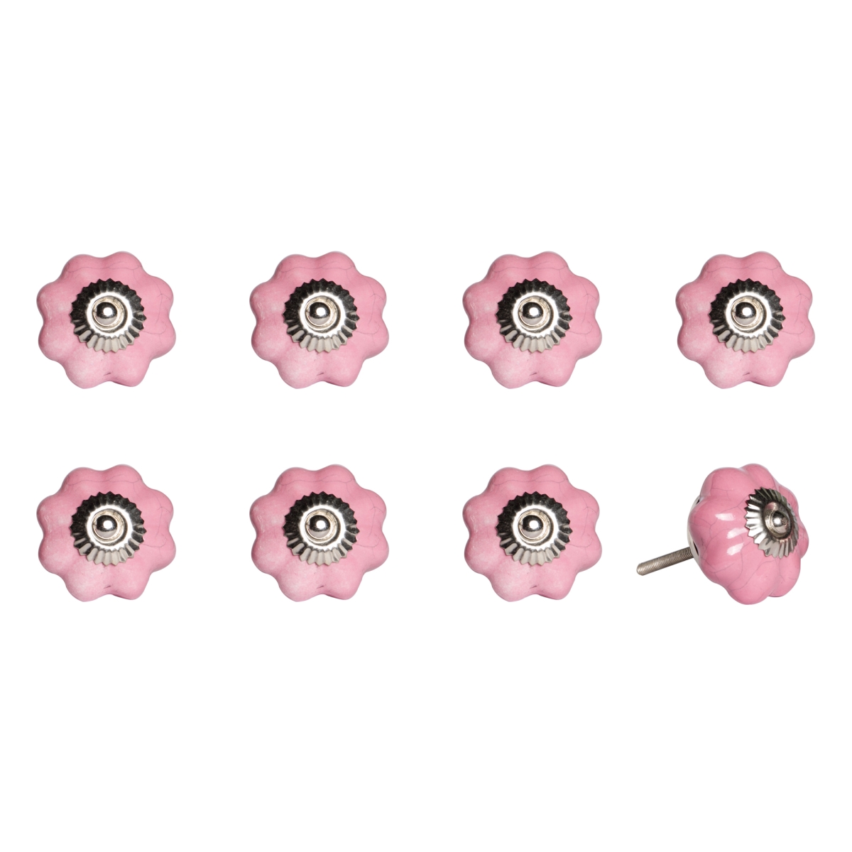 Vintage Hand Painted Ceramic Knob Set - Silver & Pink - Pack of 8