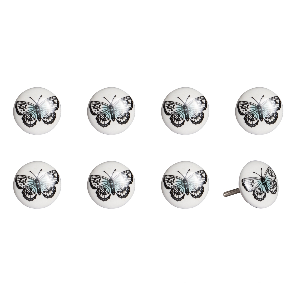 Vintage Hand Painted Ceramic Knob Set - Black & Blue Butterfly - Pack of 8