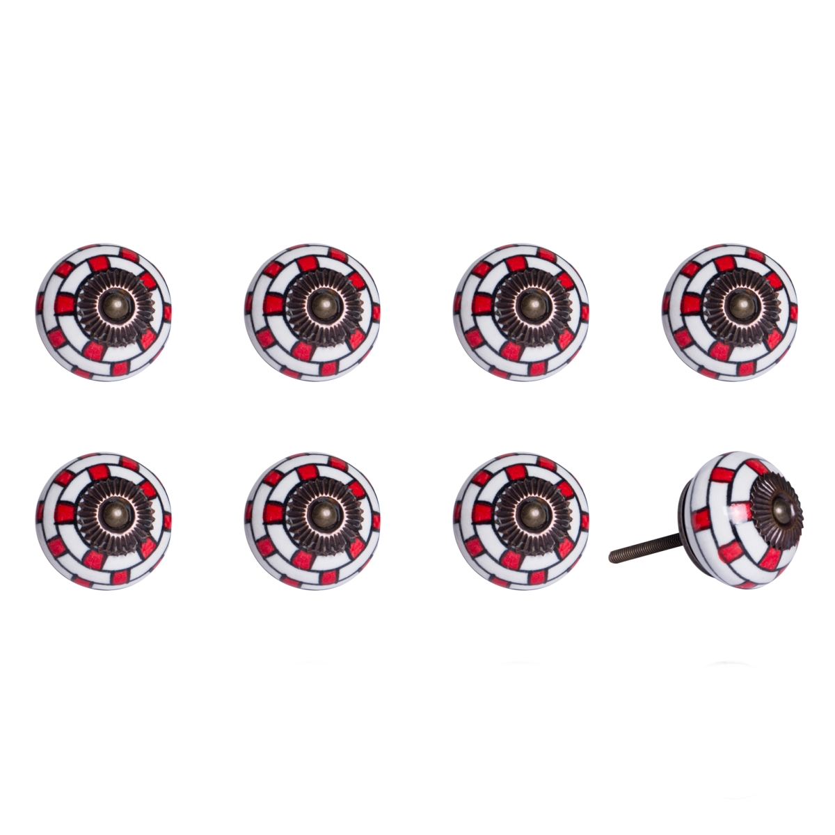 Vintage Hand Painted Ceramic Round Knob Set - Red & Navy - Pack of 8