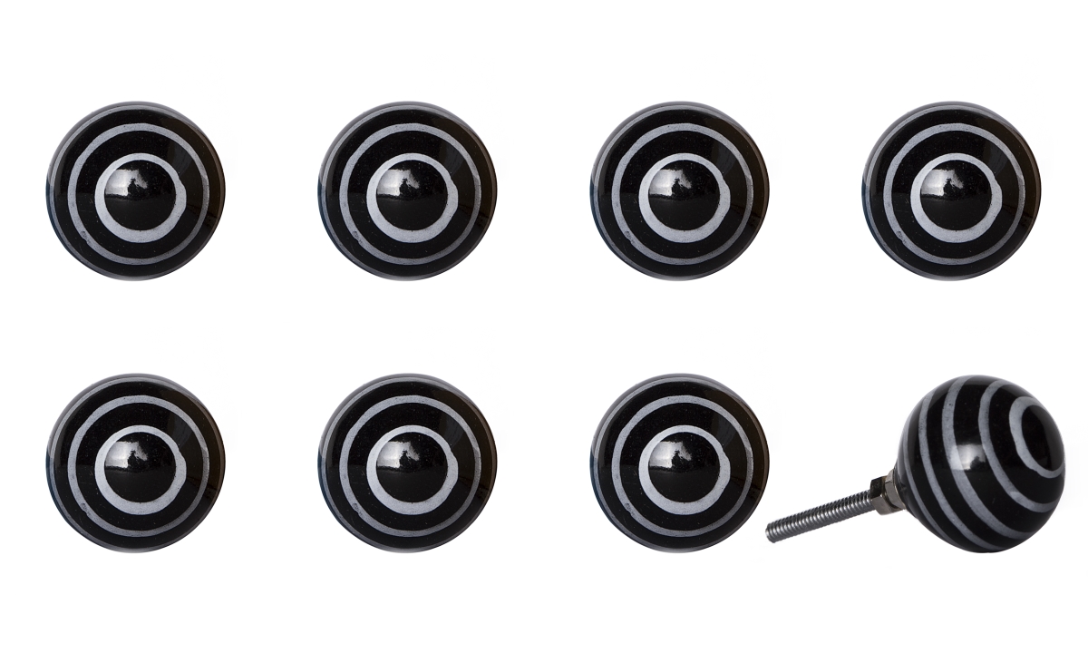 Vintage Hand Painted Ceramic Round Knob Set - Black & Light Blue - Pack of 8