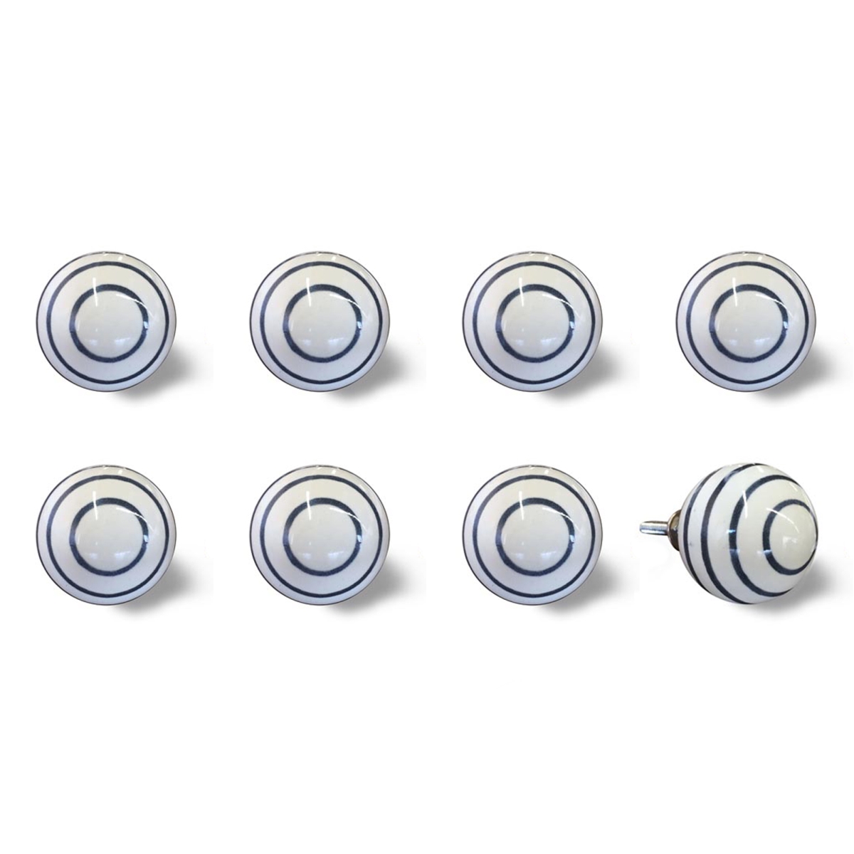 Vintage Hand Painted Ceramic Round Knob Set - White & Navy - Pack of 8