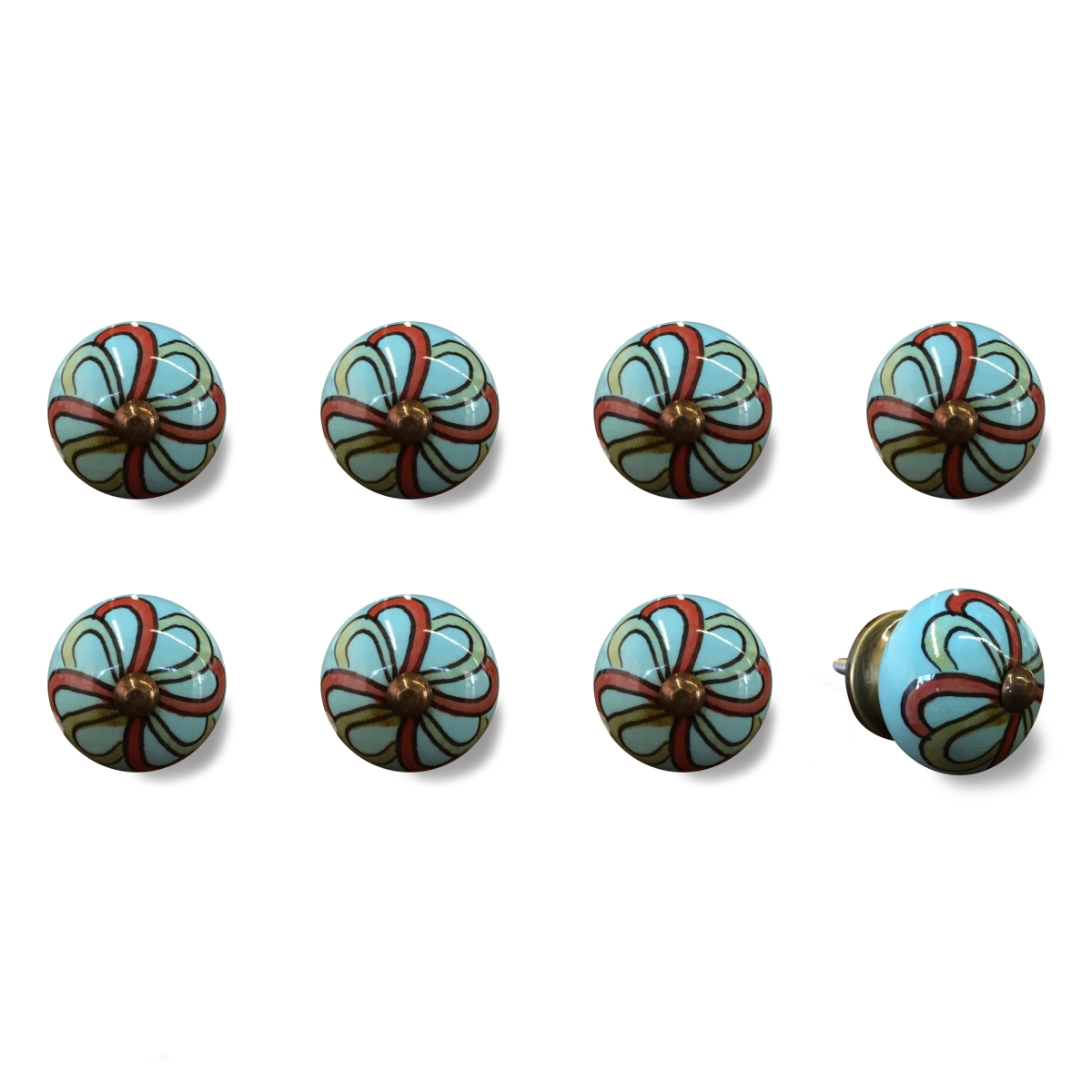 676685031594 Vintage Hand Painted Ceramic Round Knob Set - Red & Turquoise - Pack of 8