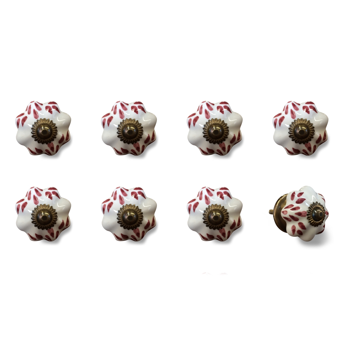 Vintage Hand Painted Ceramic Knob Set - White & Burgundy - Pack of 8