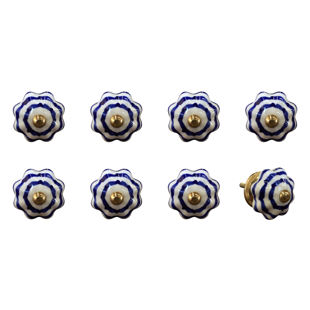Vintage Hand Painted Ceramic Round Knob Set - White & Blue - Pack of 8