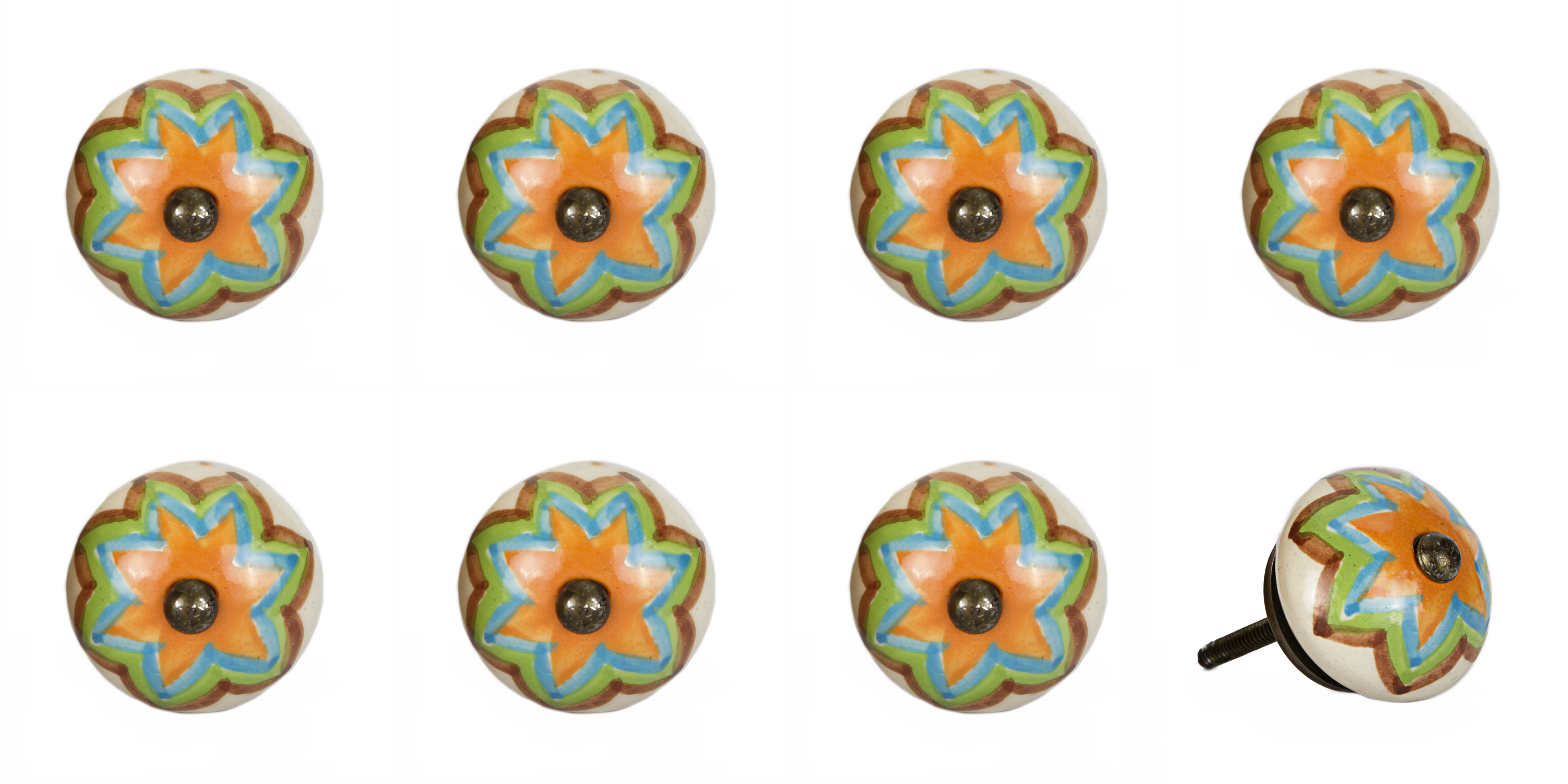 Vintage Hand Painted Ceramic Round Knob Set - Green & Orange Star - Pack of 8