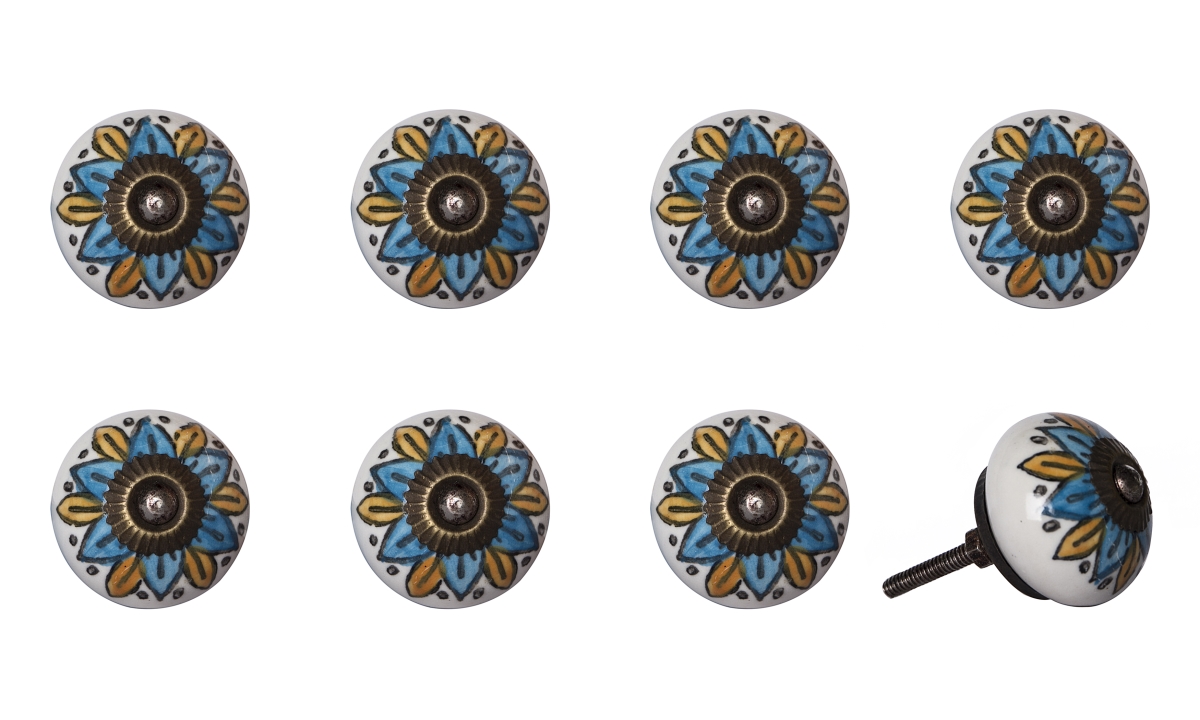Vintage Hand Painted Ceramic Round Knob Set - Blue & Yellow Flower - Pack of 8