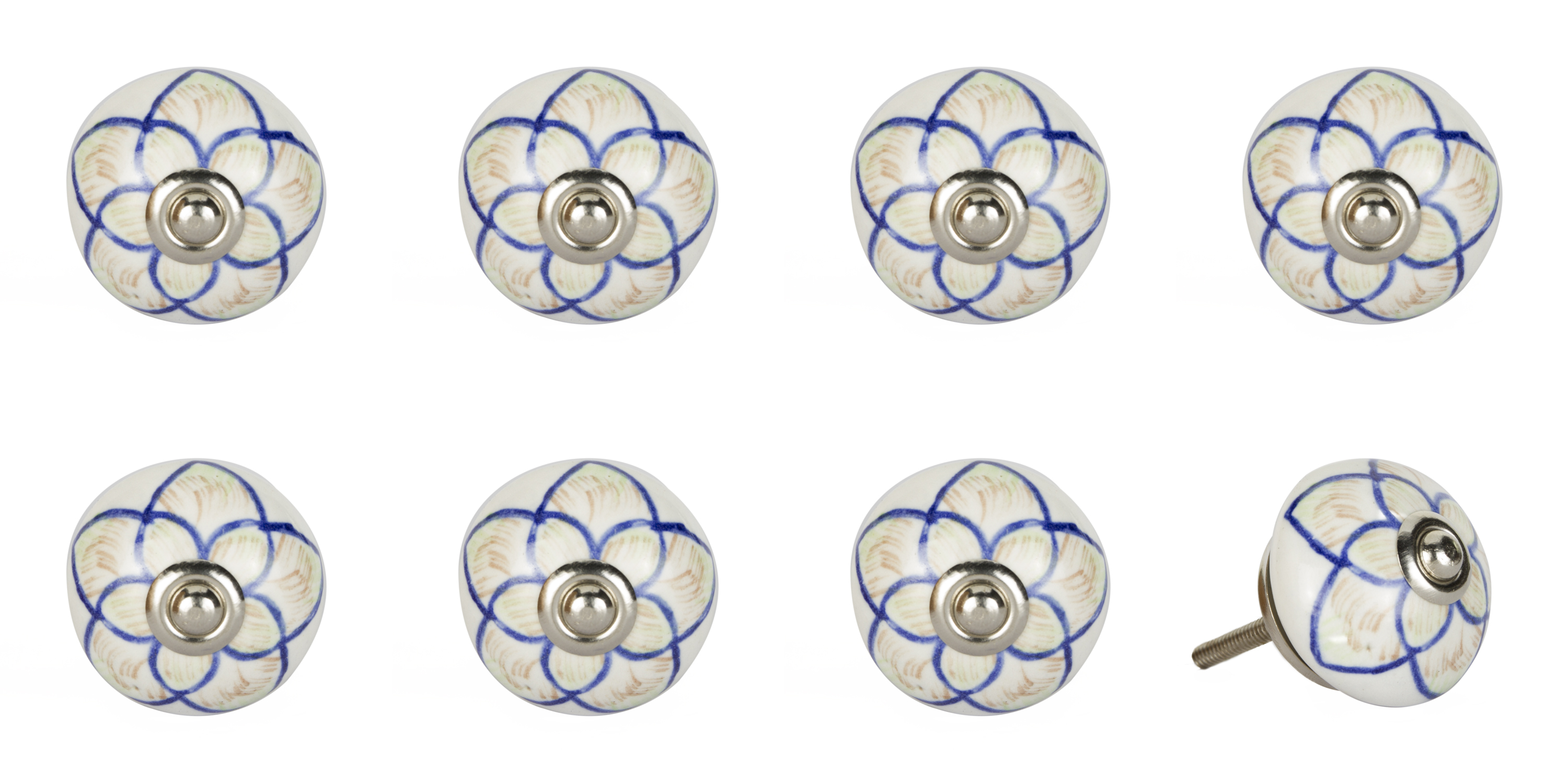 Vintage Hand Painted Ceramic Round Knob Set - Cream, Brown & Blue - Pack of 8