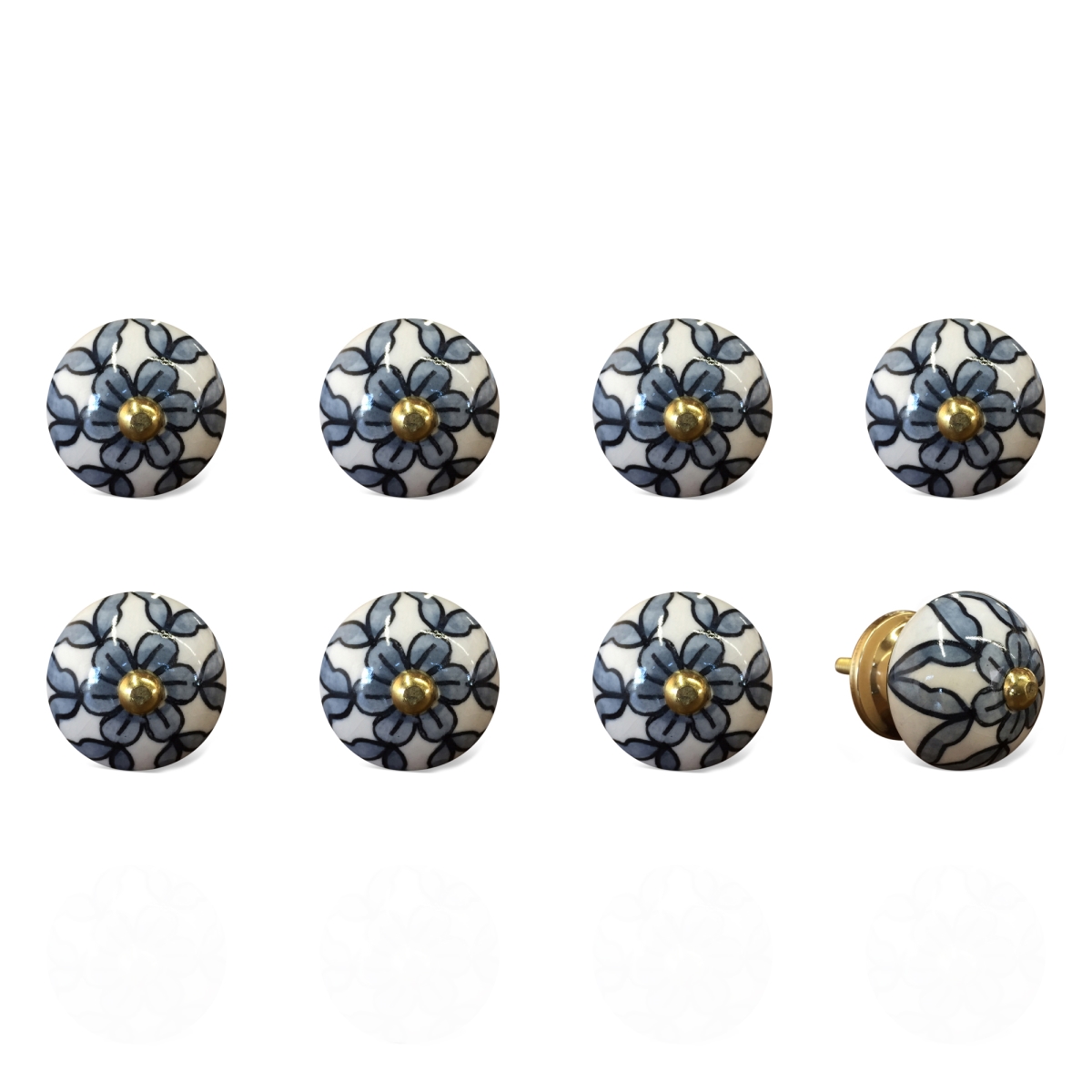 Vintage Hand Painted Ceramic Knob Set - White & Black - Pack of 8