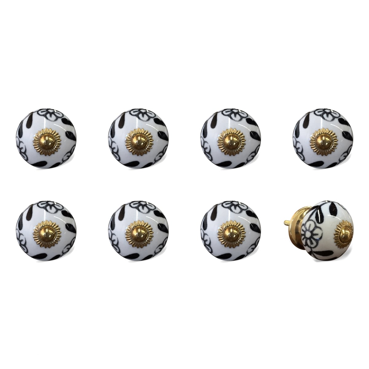 Vintage Hand Painted Ceramic Knob Set - White & Black - Pack of 8