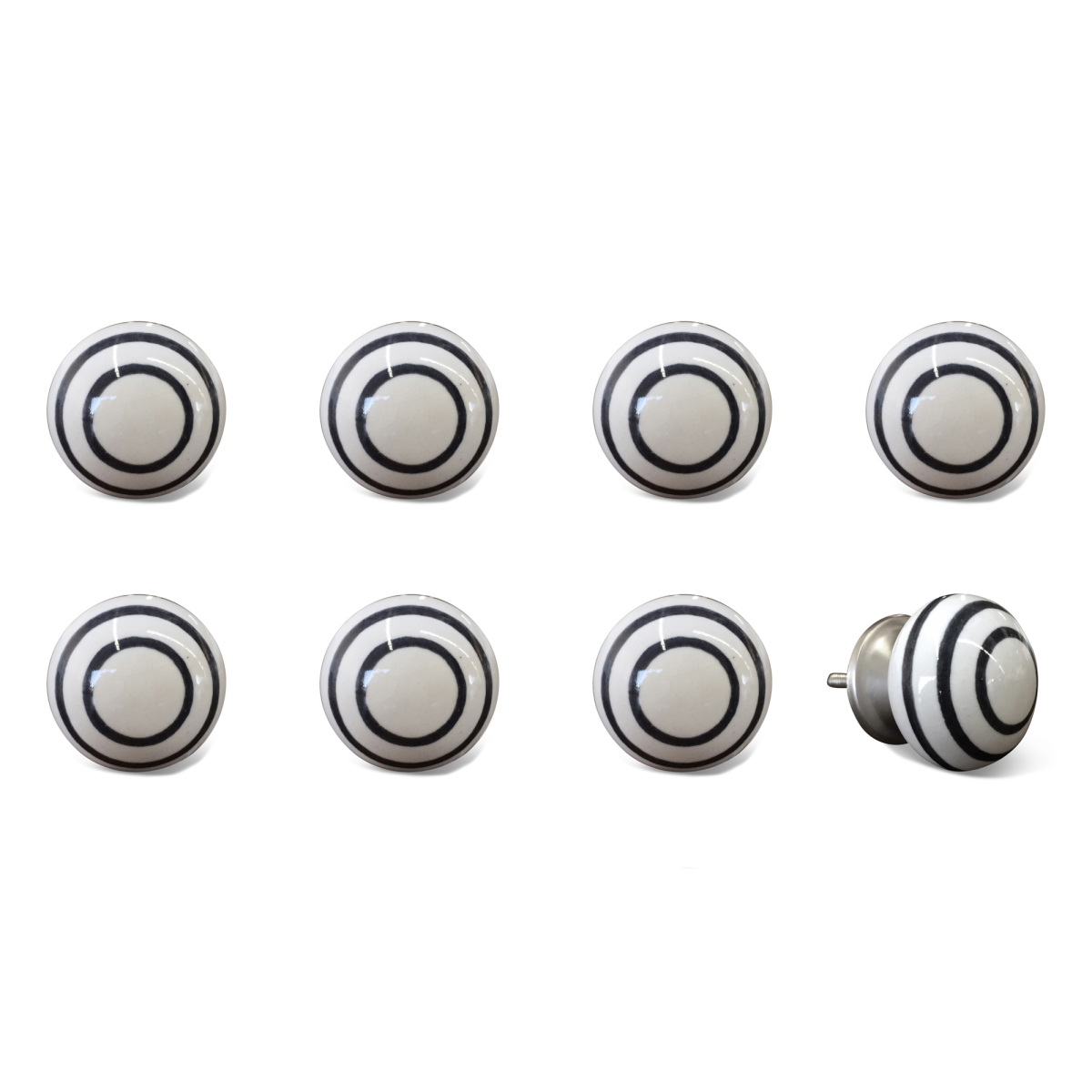 Vintage Hand Painted Ceramic Knob Set - White & Black Circles - Pack of 8