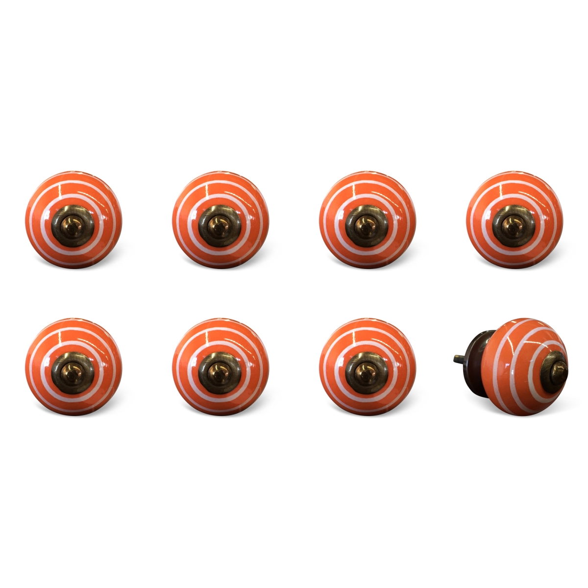 Vintage Hand Painted Ceramic Knob Set - Orange & White Circles - Pack of 8