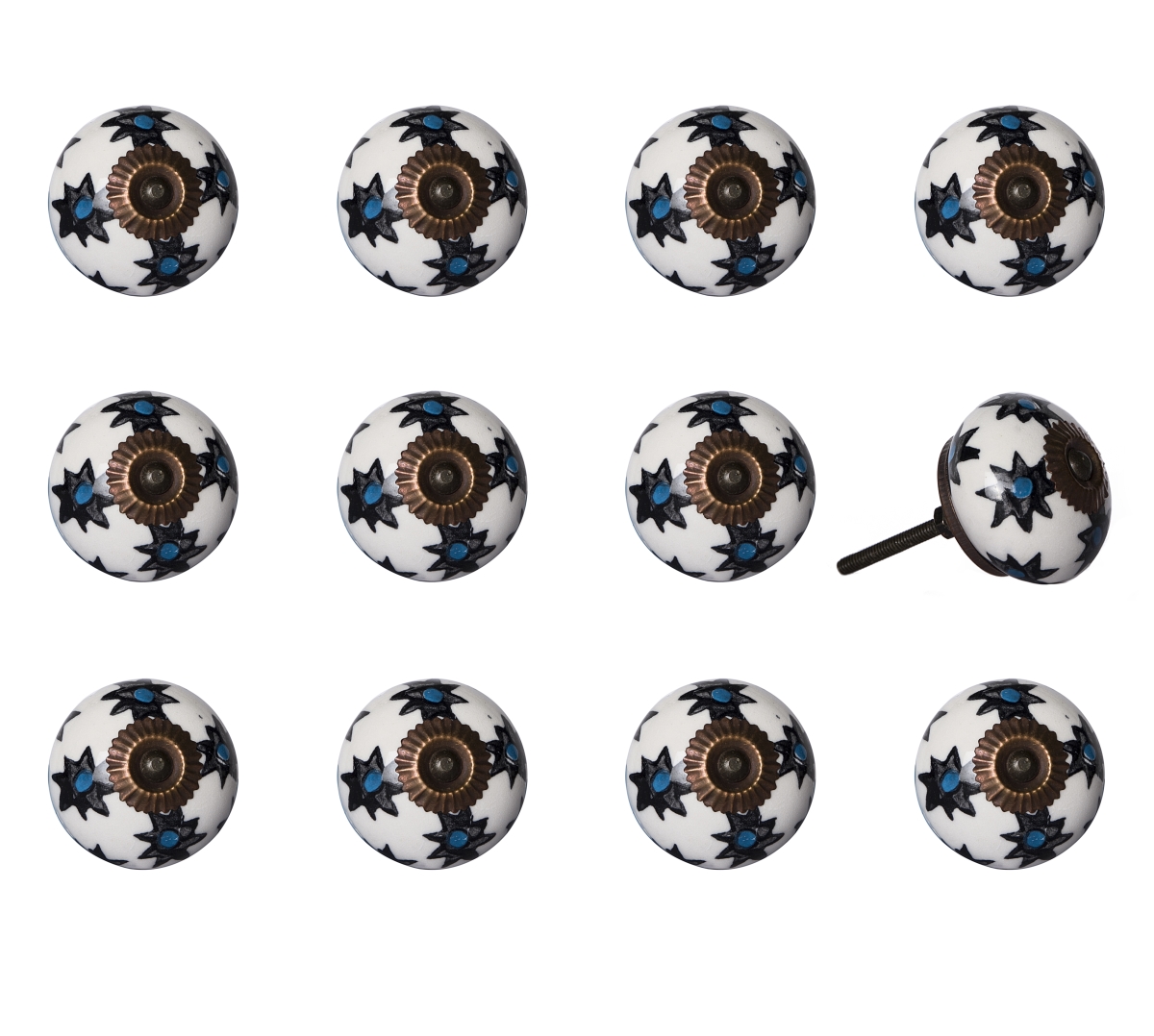 Vintage Hand Painted Ceramic Knob Set - White & Blue - Pack of 8