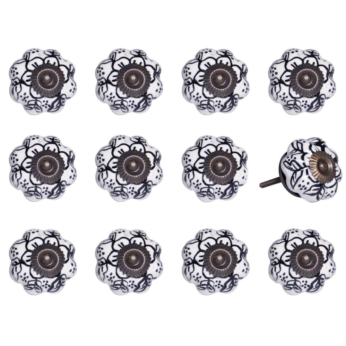 Vintage Hand Painted Ceramic Floral Knob Set - White & Black - Pack of 12