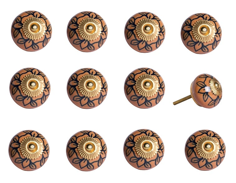 Vintage Hand Painted Ceramic Knob Set - Beige & Blue - Pack of 12