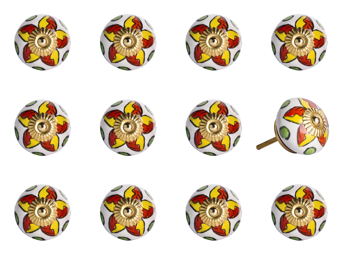 Vintage Hand Painted Ceramic Knob Set - Orange & White - Pack of 12