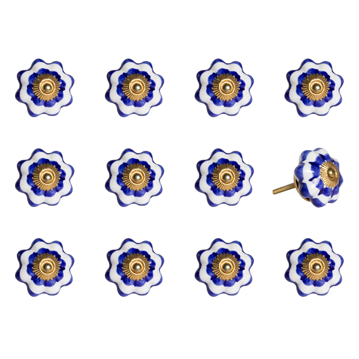 Vintage Hand Painted Ceramic Knob Set - White & Blue - Pack of 12