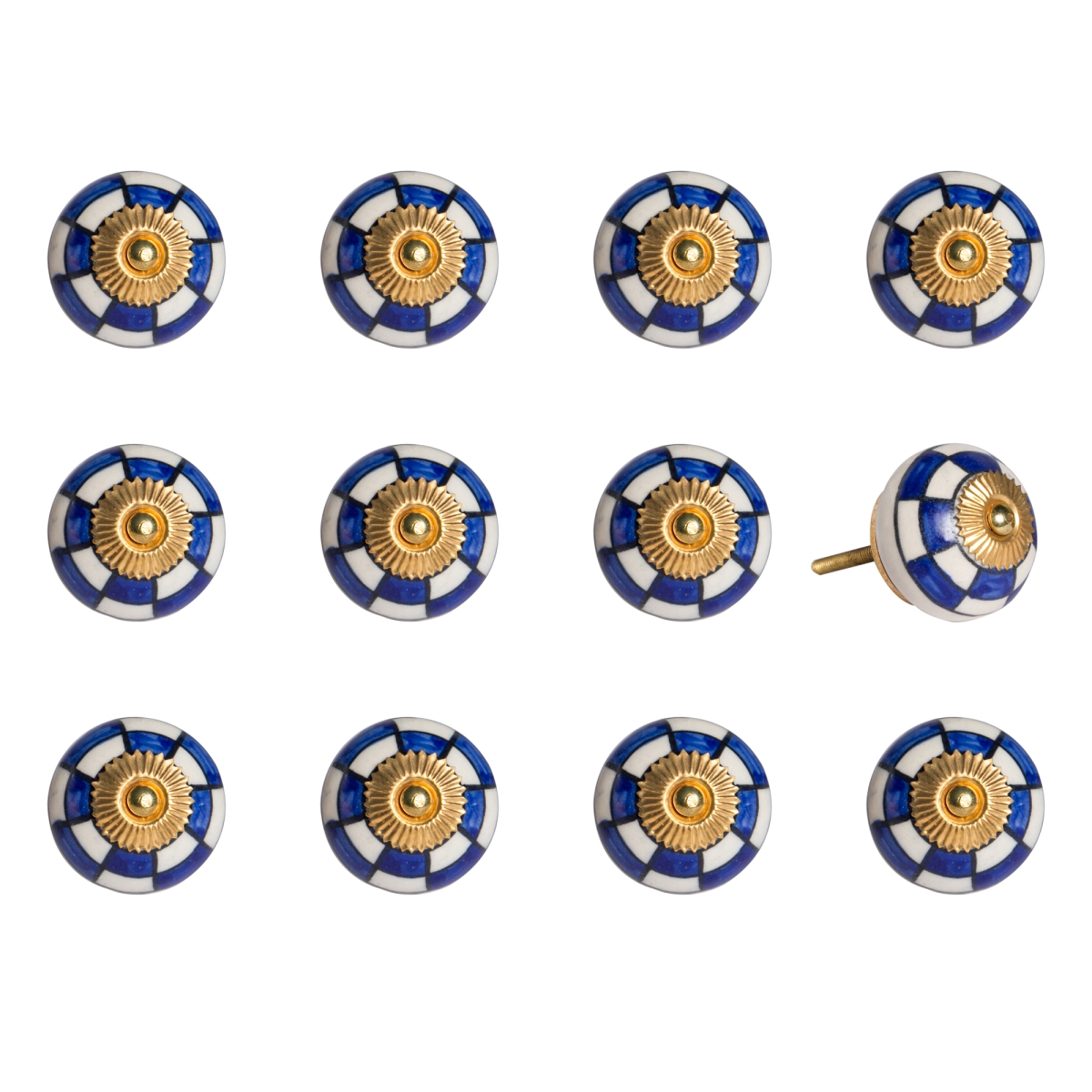 Vintage Hand Painted Ceramic Mushroom Knob Set - White & Blue - Pack of 12